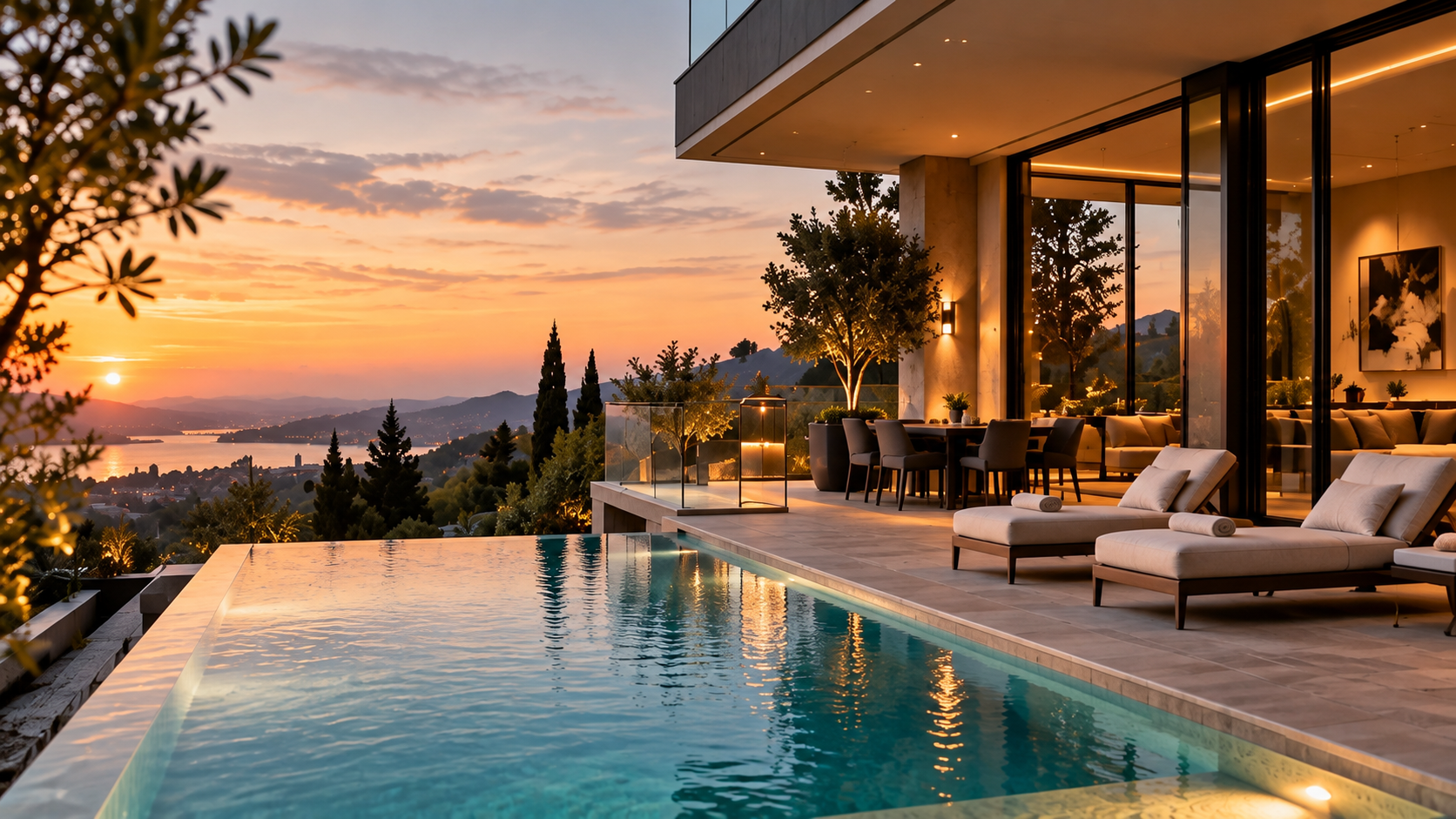 Contemporary residence with infinity pool and terrace at sunset