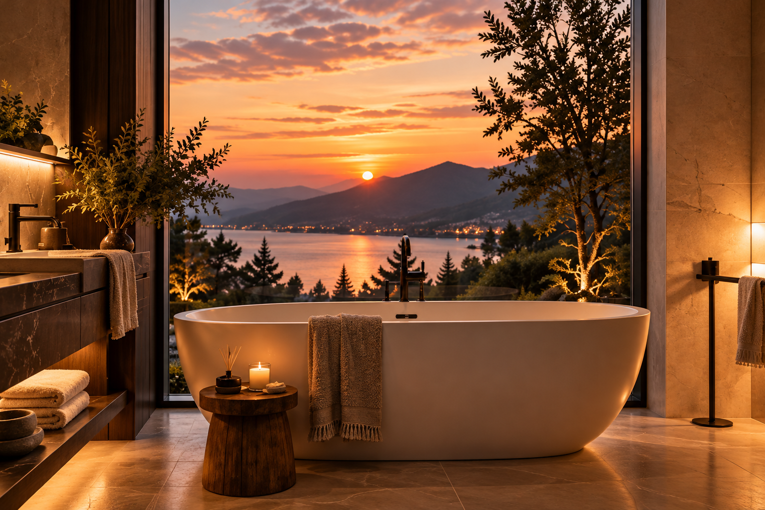 Freestanding bath before a picture window with lake and mountain views