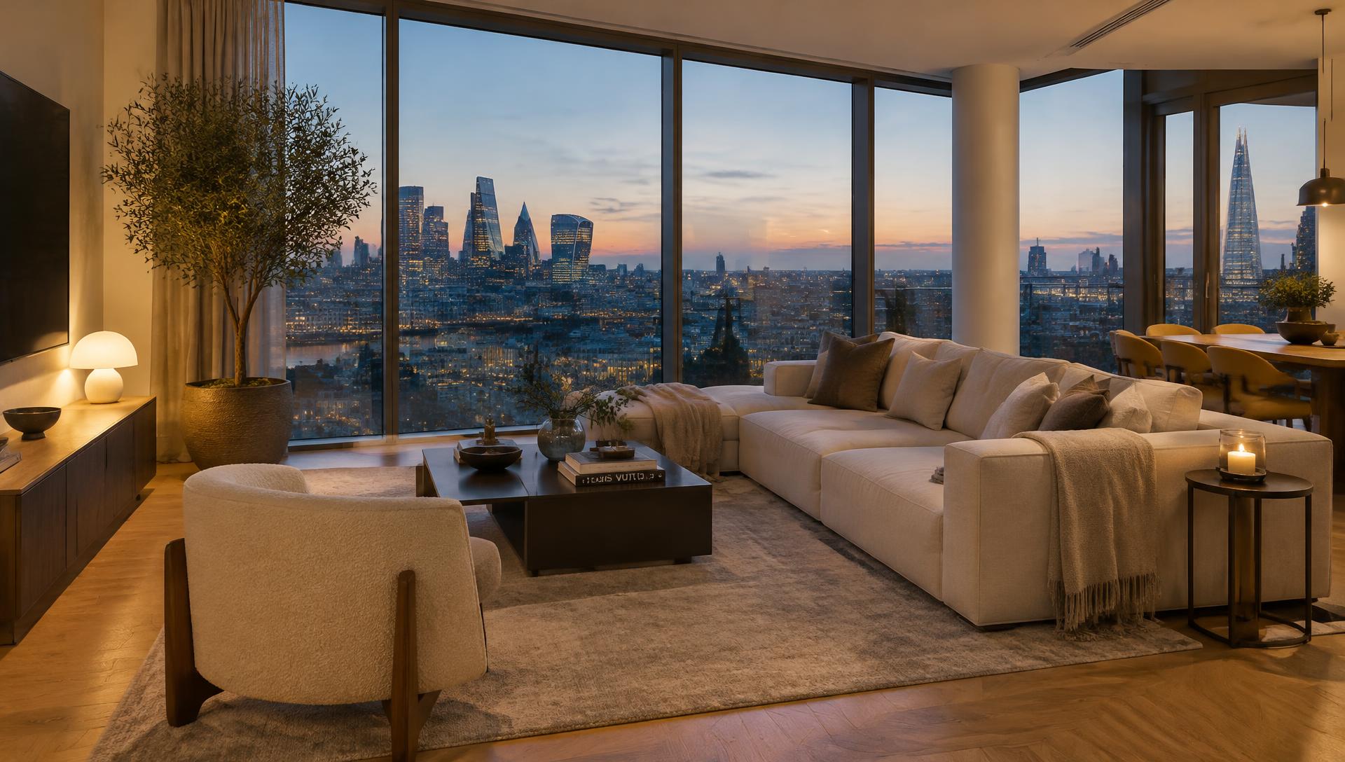 Living room with panoramic city views at dusk