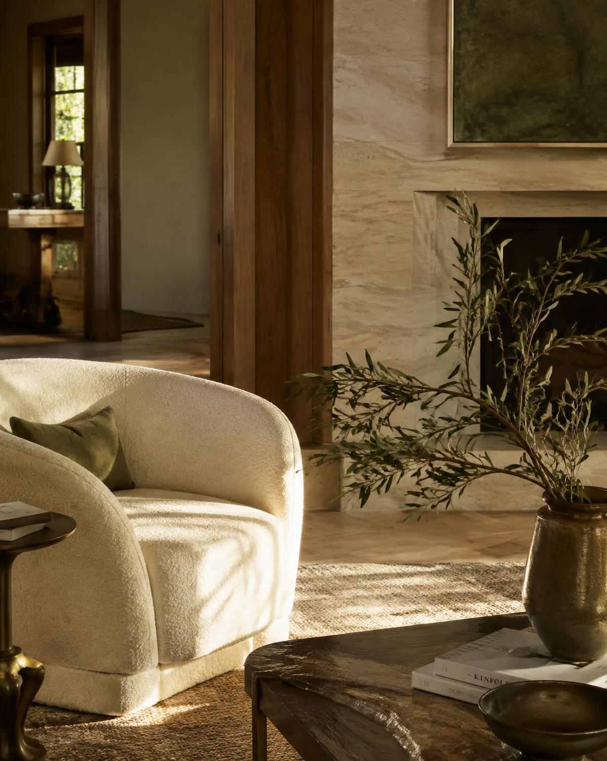 Sophisticated living room with boucle armchair and olive branches in warm light